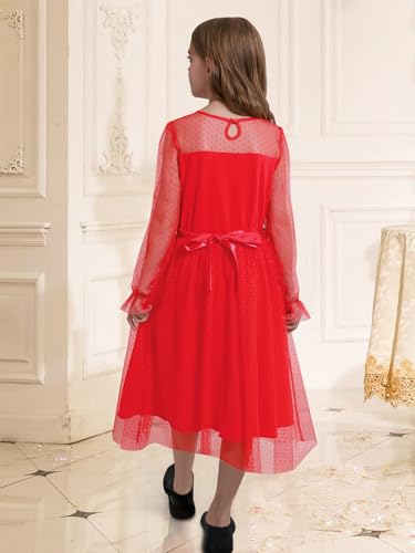 Ochine Girls Dresses Tulle Contrast Mesh Long Sleeve Twirly High Low Party for Girl Dress 9-16 Years3