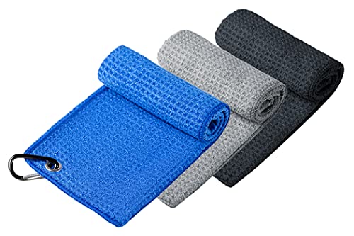 Handy Picks Microfiber Golf Towel (16" X 16") with Carabiner Clip, Waffle Pattern Golf Towel Hook and Loop Fastener - The Convenient Golf Cleaning Towel Black/Grey/Blue