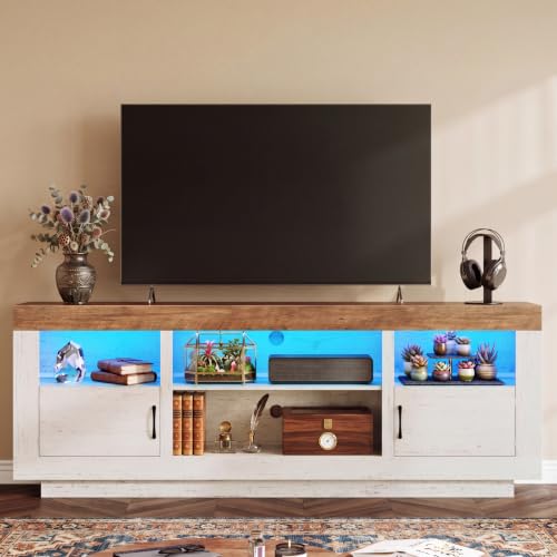 Image of TEENFON TV Stand for 75 inch TV, Entertainment Center with LED Lights & Adjustble Shelves, TV Console, 27.6 inch H Media Console with Open Storage & Side Cabinets, TV Stands for Living Room, Cloud White