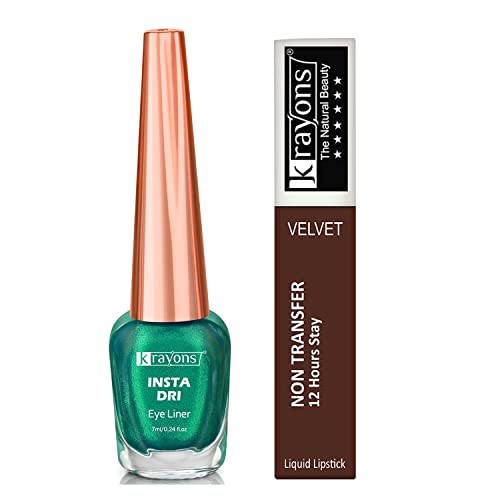 Image of Krayons Insta Dri Sparkling Eyeliner, Green, 7ml And Power Stay Nontransfer 12hrs Stay Matte Liquid Lipstick, Caramel, 4ml