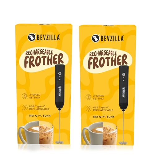 Image of Bevzilla Pack of 2 Rechargeable Electric Coffee Frother | 3-Speed with Type-C Fast Charging | One-Touch Operation for Coffee, Matcha & Milkshakes