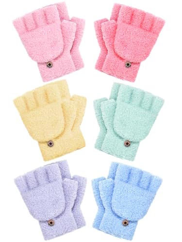 6 Pairs Kids Fingerless Gloves Winter Convertible Flip Top Gloves Warm Knitted Mitten with Cover for Toddler Boys Girl