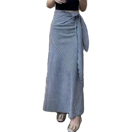 Women's Long Casual High Waist Wrap Tie Front Stripe Plaid Midi Skirt