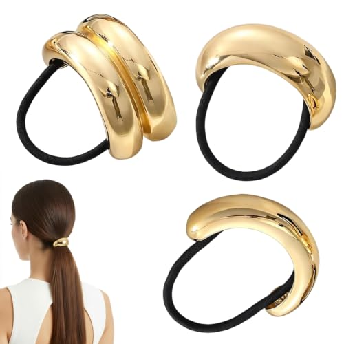 Image of 3 Pack Gold Metal Hair Ties, Geometric Gold Hair Rings for Women Daily Wear