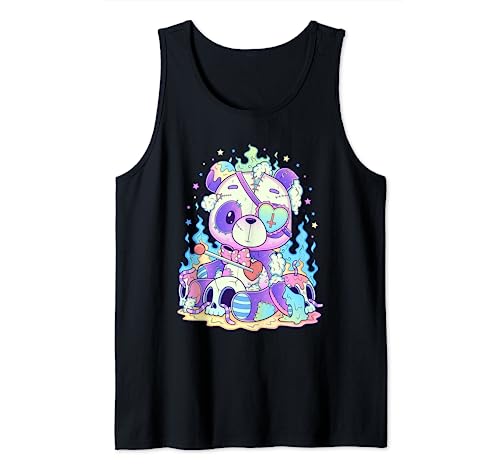 Kawaii Pastel Goth Cute and Creepy Panda Bear Teddy Bear Tank Top, Black