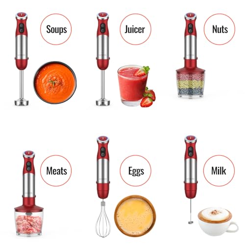 KOIOS 5-in-1 Hand Immersion Blender, 1000W 12 Speed Handheld Blender Stick with Copper Motor Stainless Steel Blade, 600ml Mixing Beaker,500ml Food Processor, Whisk, Milk Frother, Non-BPA, Red image 4