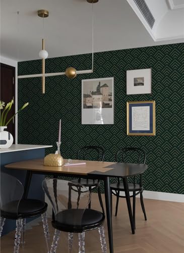 Image of TEKCOOL Self Adhesive Wallpaper Green and Gold Pattern Peel and Stick Wallpaper Gold Lines Geometric Sticky Back Vinyl Removable Contact Paper Wall Covering Decorative Film DIY 45x300cm (Green-3pc);