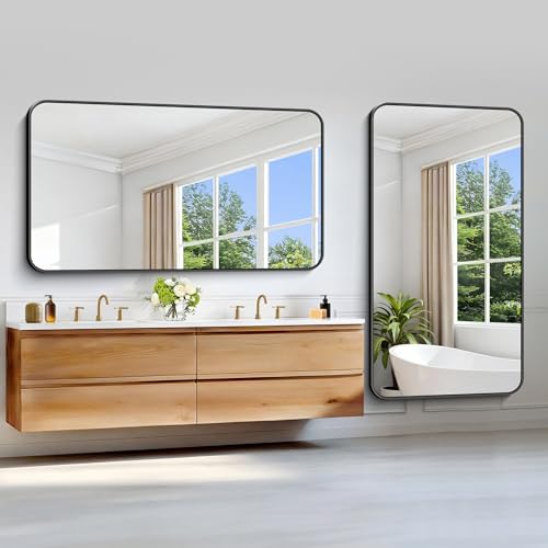 Image of Black Bathroom Mirror, 66x36 inch Aluminum Metal Frame Rectangular Vanity Mirror, Large Wall Mounted Rectangle Mirrors with Rounded Corner for Over Sink Bedroom Living Room Horizontal /Vertical
