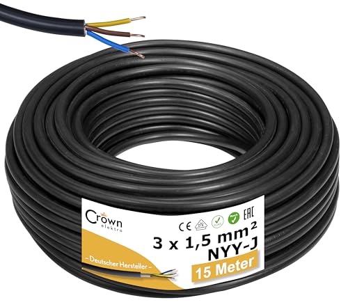 NYY-J 3x1,5mm² 15m Erdkabel Länge am Stück | Elektrokabel Ring für Verlegung im Erdreich & Außenbereich | Kupfer Eindrähtig DIN VDE 0276 Teil 603/627 | Deutsche Markenhersteller