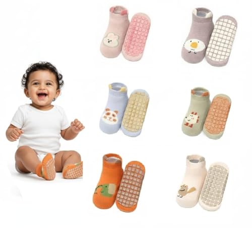Image of TONY STARK BABY 6 Pairs Ultra-Soft Cotton Baby Socks Set, Antislip Socks for New Born Babies 0-3 Years, Non Slip Grip Ankle Socks with Non Skid Soles for Infants Baby Shower Gifts - Random colors