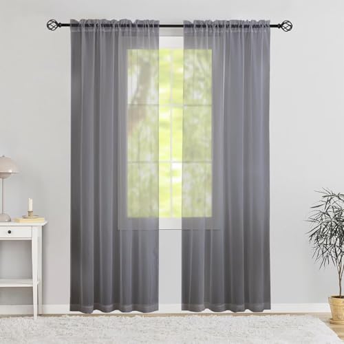Rideaux semi-voile pour salon lumineux, voilage gris passe-tringle de 243 cm pour chambre