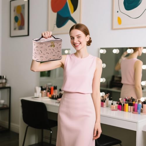 AmBealla Make up Bag Large Travel Cosmetic Bags Organizer with Brush Holder for Girl, Lightweight Cotton Toiletry Bag with Zipper for Women, Portable Makeup Case for Airplane/Home/Gym - Pink4