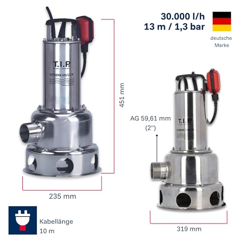 T.I.P. Schmutzwasser Tauchpumpe - Baupumpe Edelstahl (30.000 l/h Fördermenge, 13m Förderhöhe, 1,3bar Druck, 1.800W, 45mm Korngröße, Waschlauge, heißes Wasser bis 95°C) Extrema 500/13 IX, 30171