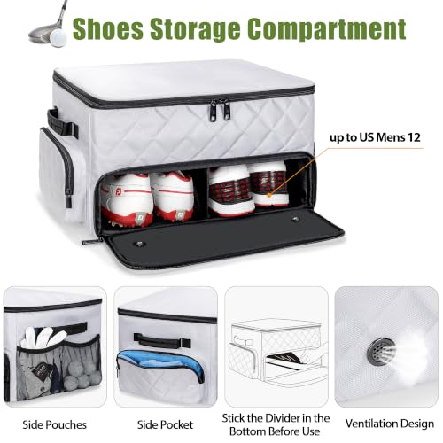 Image of PGmoon 2 Layer Golf Trunk Organizer, Golf Car Storage Organizer with Individual Ventilated Compartment for 2 Pairs Shoes, Golf Car Locker for Balls, Clothes, Tees, Gloves, Accessories (White)