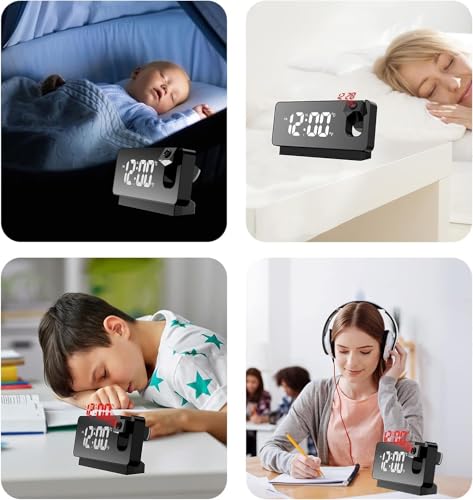 Image of Projector LED Display Digital Projection Mute Mirror USB Office Clock with 180 Projector for Bedroom Digital Temperature Display Clock