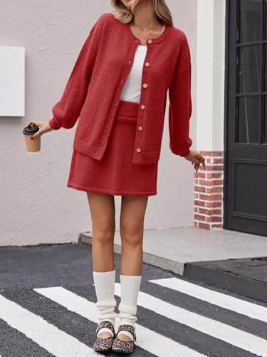 Image of Tankaneo 2 Piece Sweater Sets for Women Long Sleeve Cardigan Outfits Mini Skirts Knit Matching Lounge Set