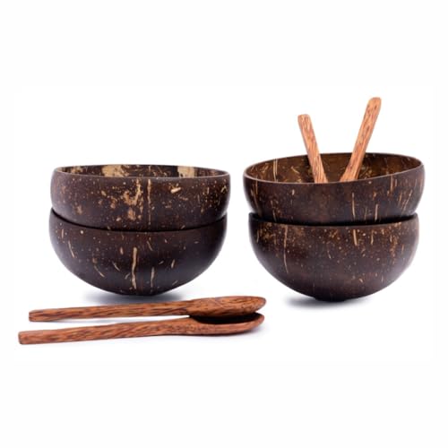 Image of Thenga Artisan Coconut Bowl - 500 ML | Eco-Friendly Handmade Dish with Coconut Wood Spoon for Smoothies, Cereals, Salads & Snacks | Sustainable Tableware Set - 4 Bowl + 4 Spoon