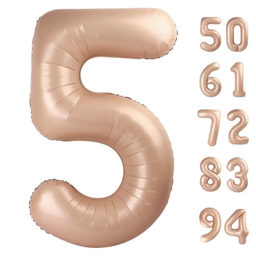 Image of Light Brown 5 Balloon, Tan Number Balloons 40 Inch, Beige 5th Birthday Balloon Decorations, Light Brown Party Supplies, 5 Number Balloons, Number 5 Balloon