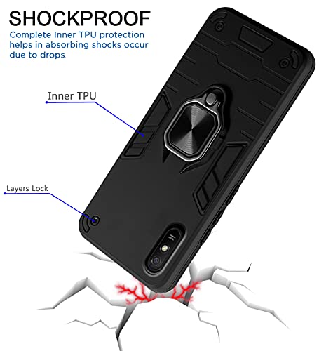 Image of Pikkme Thermoplastic Polyurethane, Plastic D5 Tough Armor Bumper Back Cover with Ring Holder and Kickstand in-Built for Redmi 9A, Redmi 9i (Black)