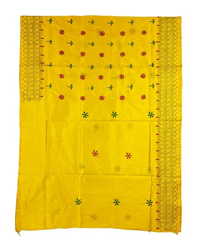 Image of SHRISTI CLOTHINGS Women's Hand Embroidered Cotton Silk Kantha Stitch Saree with Blouse Piece (SB420324 YELLOWD91)
