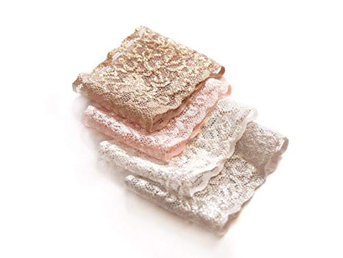 Set of 4- Short Lace Wrist Cuff Stretch Bracelets (Glitter Lace Cuffs- Pink/Gold/White/Silver)