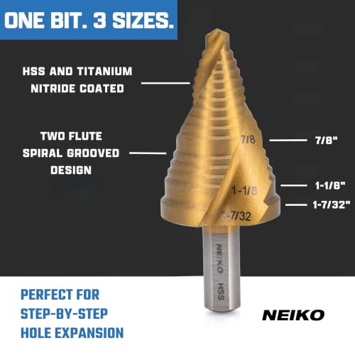 Image of NEIKO 10635A Step Drill Bit, 3 Steps 7 /8 inch to 1-7 /32 inch Spiral High Speed Steel, Titanium Nitride Coated, 3 /8 inch Tri Flat Step Bits for Steel, Metal, Wood, Plastic, Unibit Cone Drill Bits, Two Flute