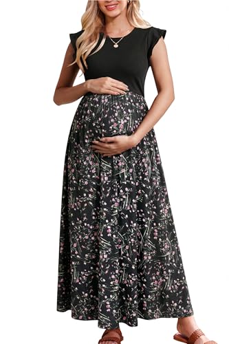 Image of OUGES Women's Maternity Dress Summer Ruffle Sleeve Patchwork Casual Flowy Maxi Dresses with Pockets