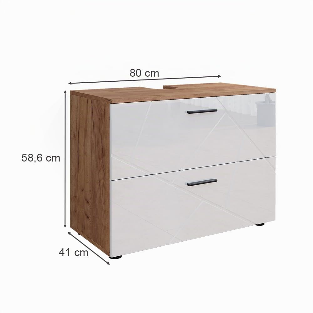Vicco Mobile sottolavabo per bagno Irma Bianco lucido/Rovere 80x58.6 cm | adatto per l'installazione sopra il sifone con aperture di aerazione