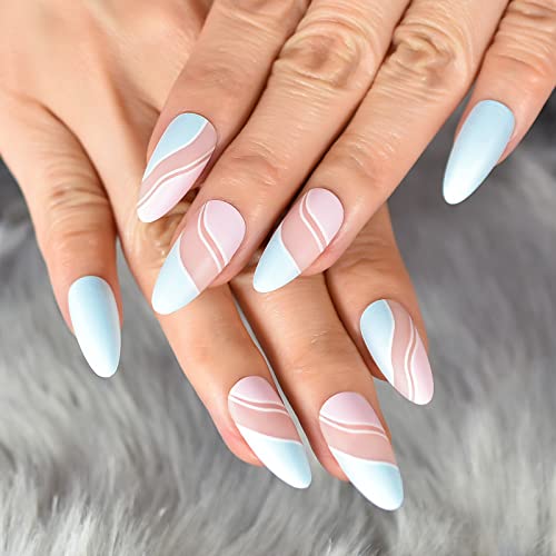 Echiq Sky Blue Matte Press On Nail With Pink Ripple Wearable Medium Length Acrylic Fake Nails Reusable Full Cover Coffin Artificial Nature False Stick On Nail Art Tips For Women Ladies Girls Gift 24Pcs/Set #TOP5