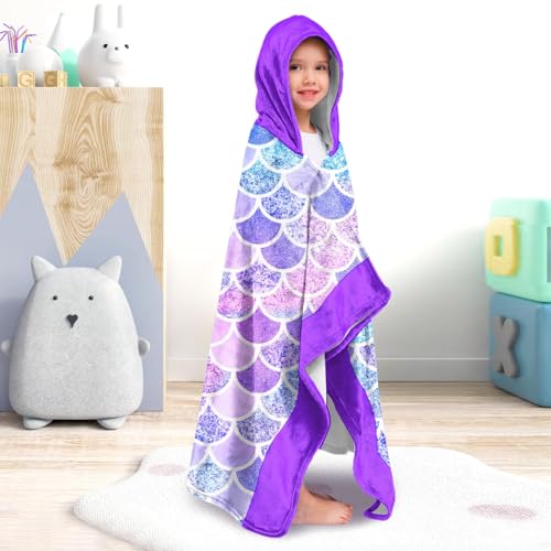 Image of Mermaid Girls Beach Towel with Hoodie for Kids Toddlers Age 4-8, Pink Blue Bath Towels Shower Wrap for Girls, Hooded Poncho Beach Blanket for Pool Swimming Cute Wearable Bath Towel for Child