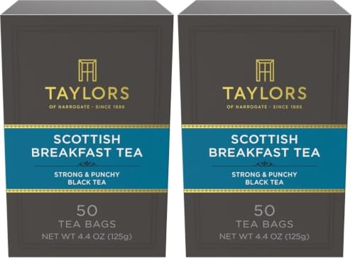 Image of Taylors of Harrogate Scottish Breakfast Black Tea Individually Wrapped Bags, Strong, Malty and Full, Caffeinated, Enjoy Hot or Iced, 50 Teabags (Pack of 2)