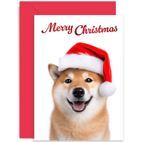 Funny Shiba Inu Dog Christmas Card for Dog Owner - Dog in Santa Hat - Merry Christmas Cards for Family and Friends - For Husband Wife Boyfriend Girlfriend | Blank Inside
