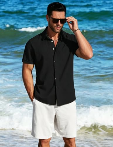 LETSEE Linen Shirts Mens Button Down Short Sleeve Shirt for Summer Business Casual, Beach & Wedding Guest Black — view 2