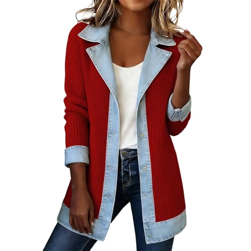 Chaqueta vaquera de patchwork para mujer, color bloque de color, informal, manga larga, blusa, informal, camisa, monocolor, chaqueta vaquera de gran tamaño, chaqueta vintage sin capucha, chaqueta de