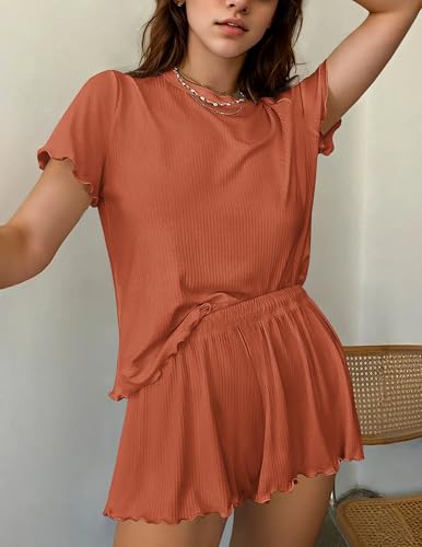 Image of Ekouaer Womens Pajamas 2 Piece Ribbed Knit Pjs Short Sleeve Sleepwear Set Summer Soft Pajamas Set Casual Lounge Sets