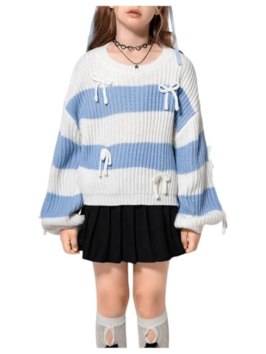 Girl's Bow Sweater Striped Crew Neck Sweaters Colorblock Long Sleeve Cute Knit Pullover Tops