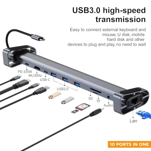 Image of USB C Hub,10 in 1 Laptop Docking Station 2x4K@60Hz,Type-C Multiport A pter with Dual HDMI,PD100W,5Gbps 3.5mm Audio Data Ports, Card,Ethernet Dock for Mac /D-ell /H-P /Surface /Steam Deck