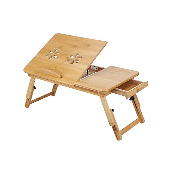 YORKING Laptoptisch 50x30cm Laptop Tisch Betttisch Laptop Knietisch Bambus Notebooktisch mit Lüftungslöchern mit Schublade für Lesen Oder Frühstück