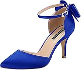 ERIJUNOR E1876B Wedding Evening Party Shoes Comfortable Mid Heels Pumps with Bow Knot Ankle Strap Wide Width Satin Shoes Blue Size 7
