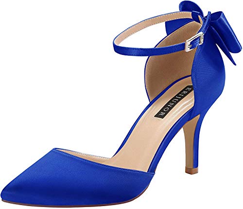 Image of ERIJUNOR Wedding Evening Party Shoes Comfortable Mid Heels Pumps with Bow Knot Ankle Strap Wide Width Satin Shoes