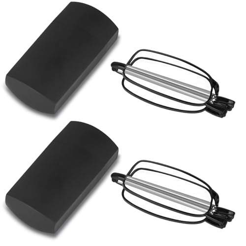 Aolso Lunettes de Lecture Pliables Ultra-minces, 2 paires Lunettes Anti Lumière Bleue Femme et Homme, Monture en Métal, Lunettes Portables de Voyage Avec étui à Lunettes(Noir, 1.5X)