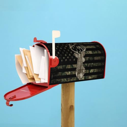 Image of Retro Patriotic American Flag Deer Mailbox Covers Magnetic Mailbox Wraps Post Letter Box Cover Standard Oversize 21 inchX18 inch /25.5 inch X 21 inch Mailwrap Garden Home Decor