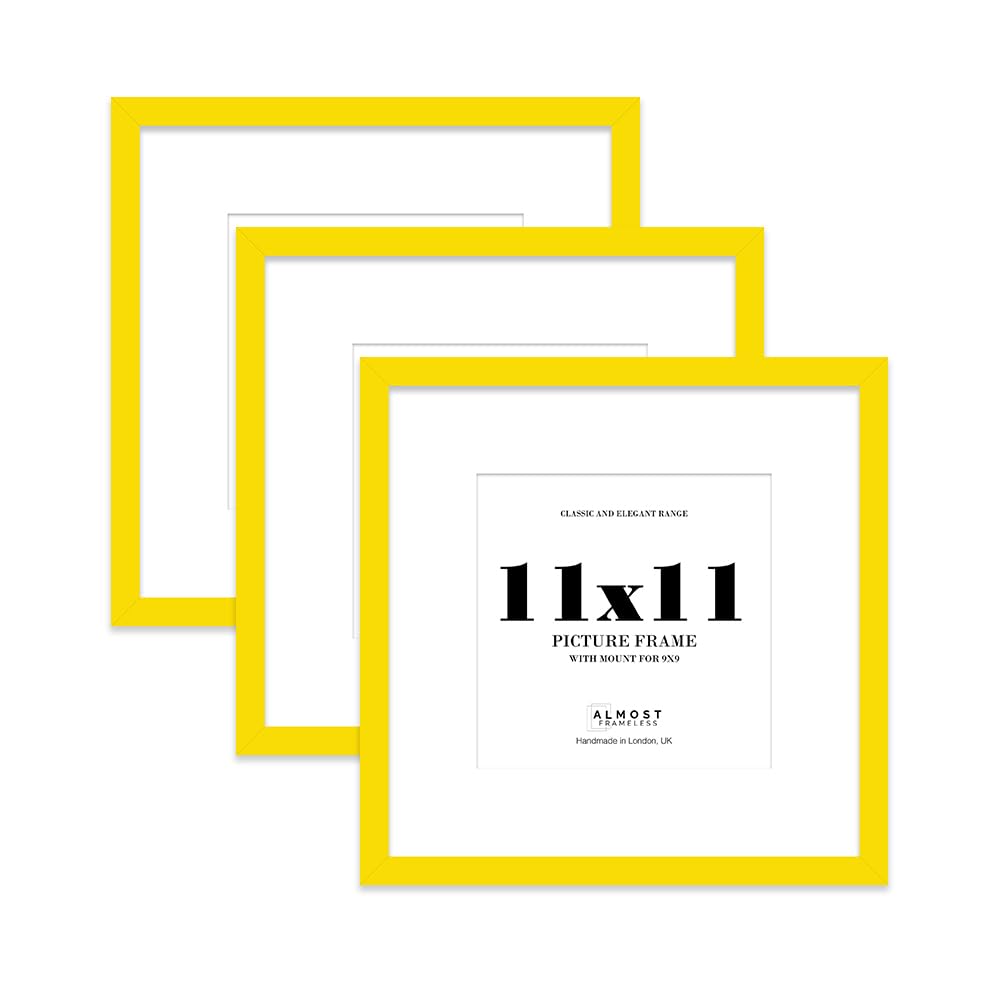 11x11 Yellow Picture Frame with Mount for 9x9 Photos, Prints - Modern Square Wall Frame, Set of 3