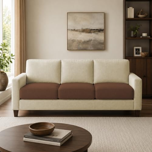 Image of Casaliving Gladino Modern Velvet Fabric Sofa, Tufted Design Upholstered 3 Seater Sofa Set for Living Room, Premium Velvet Fabric Sofa (Cream Brown)