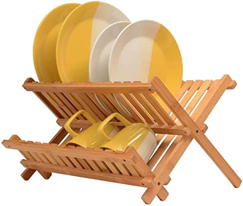 Homiu Bamboo Dish Drying Rack Folding 2-Tier Drainer Wooden Dish Drying Rack  Kitchen Counter Top Plate Drying Rack With Cup Holder