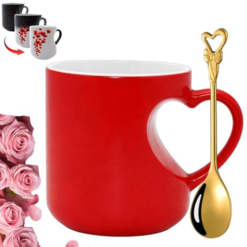 Styeyts Heart-Shaped Color Changing Magic Ceramic Mug, Funny Color Changing Coffee Cup with Heart Handle for Valentine's Day, Surprise Design When Filled with Hot Beverage, Gift for Anniversary (Red)