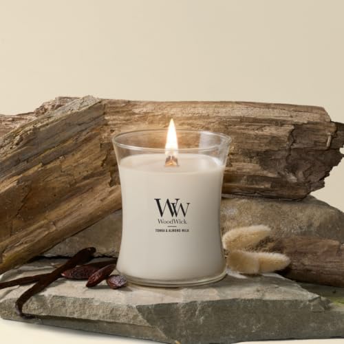 Image of WoodWick Tonka & Almond Milk Gifts for Women and Men, 9.7 oz Medium Hourglass Candle with Crackling Wick