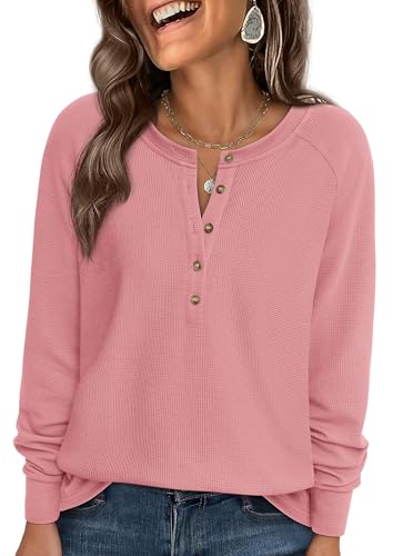 Image of PRETTYGARDEN Women's Long Sleeve Waffle Knit Henley Shirts Loose Tunic Tops