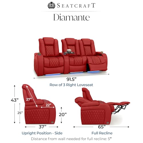Image of Seatcraft Diamante Red Italian Leather Home Theater Seating, Zero Gravity Power Recliner Gaming and Home Office Chair, Powered Headrest Lounge Sofa Furniture for Cinema Room, Row of 3 Right Loveseats