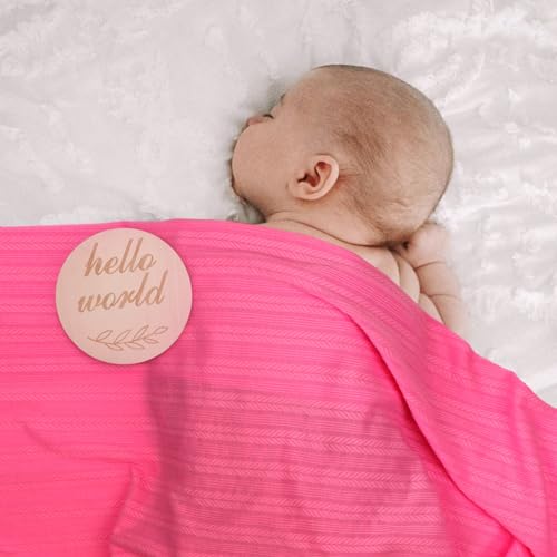 Image of DRESHOW BQUBO Baby Swaddle Blankets for Girls, 4PCS Newborn Accessories Set with Matching Hat and Bow Headband with Hello World Wooden Birth Announcement Card